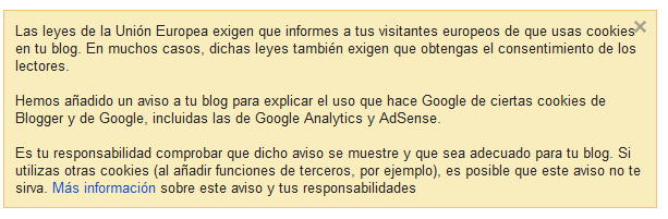 Nueva Política cookies de Google Aviso en el Panel de Administración de Blogguer sobre Nueva Política de cookies